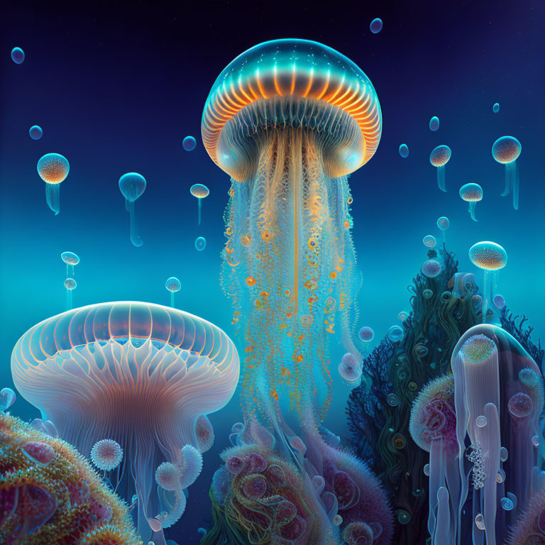 Bioluminescent jellyfish in deep blue ocean with tentacles and smaller creatures