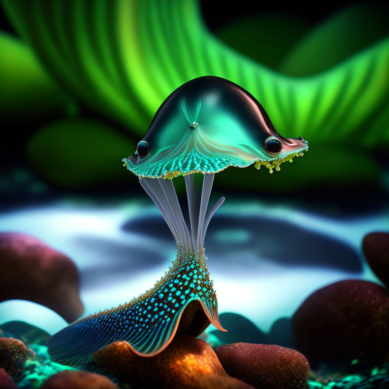 Iridescent fish-like creature with mushroom body and vibrant plant backdrop