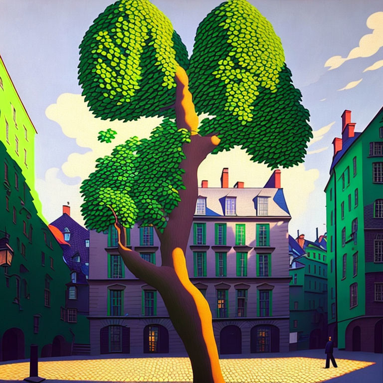 Colorful painting of stylized tree overlooking street with lone figure