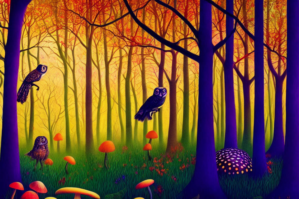 Colorful forest scene with owls, mushrooms, and twilight ambiance