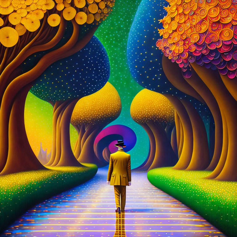 Person in Yellow Coat Walking on Colorful Path with Stylized Trees