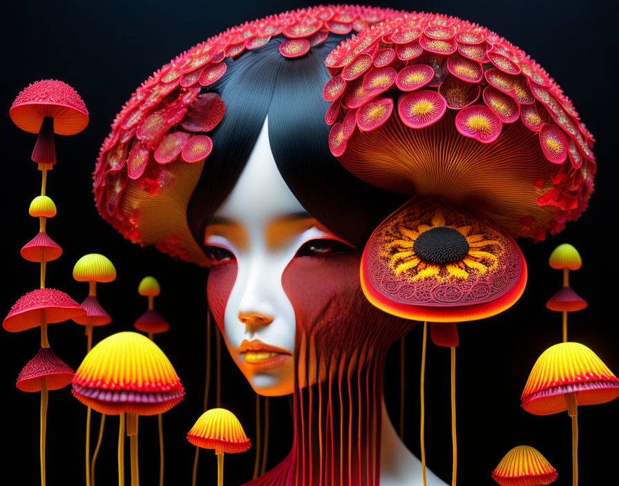 Surreal portrait of female figure with red and yellow mushroom motifs