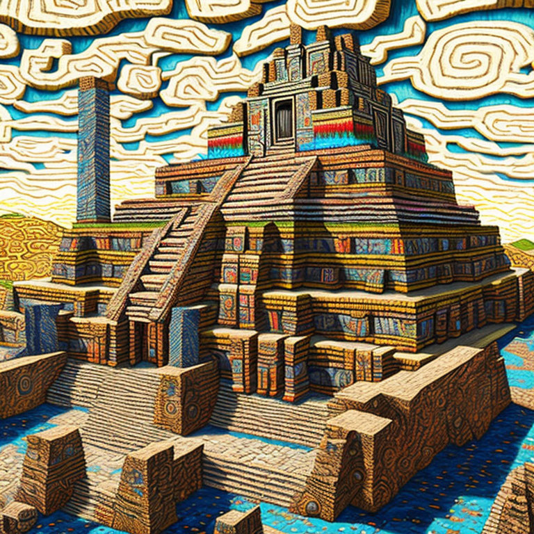 Colorful Mesoamerican Pyramid with Intricate Designs and Stylized Nature Scene