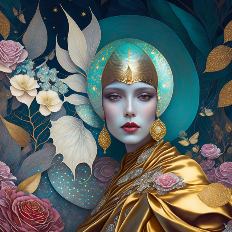 Stylized portrait of woman with golden headpiece and garment in floral celestial setting