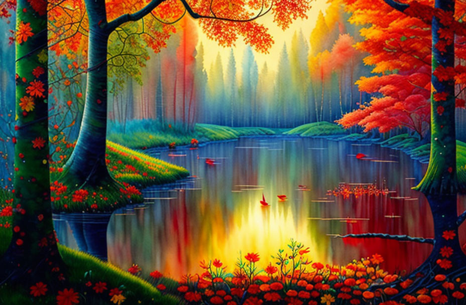 Colorful autumn forest and river scene with red boats and lush flora