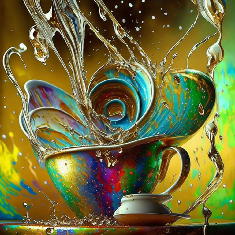 Colorful Teacups with Splashing Liquid on Vibrant Background