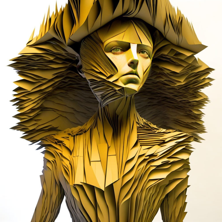 Abstract digital artwork with layered feather-like structures in gold and brown.