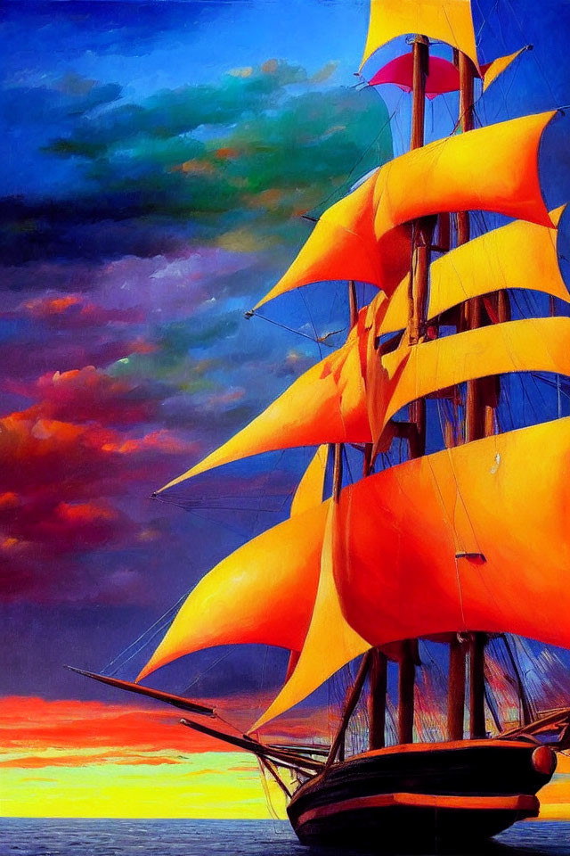 Colorful painting of sailing ship with orange sails in dramatic sunset sky