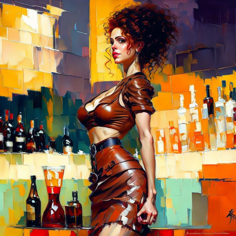 Colorful digital painting of woman with curly hair and brown outfit in front of abstract backdrop