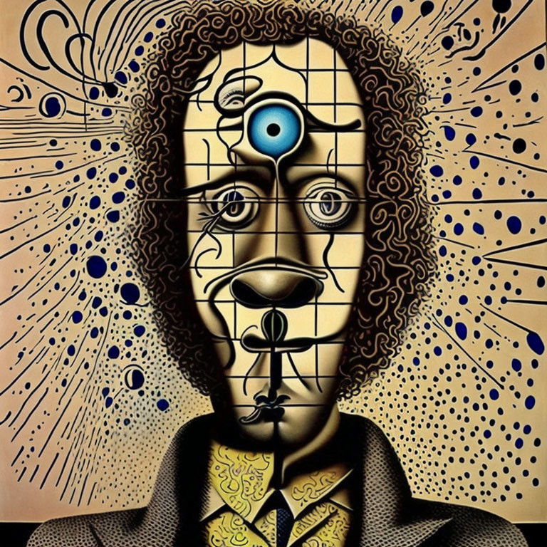 Surrealist portrait with grid pattern, third eye, musical notes, and cosmic elements