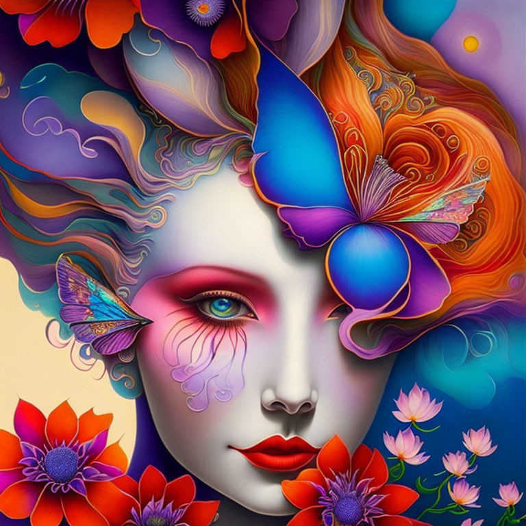 Colorful artwork of woman's face with flowers & butterflies