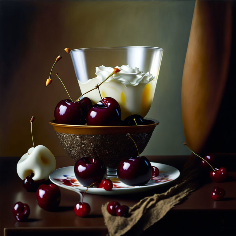 Cherries, whipped cream, and glass on table with fabric