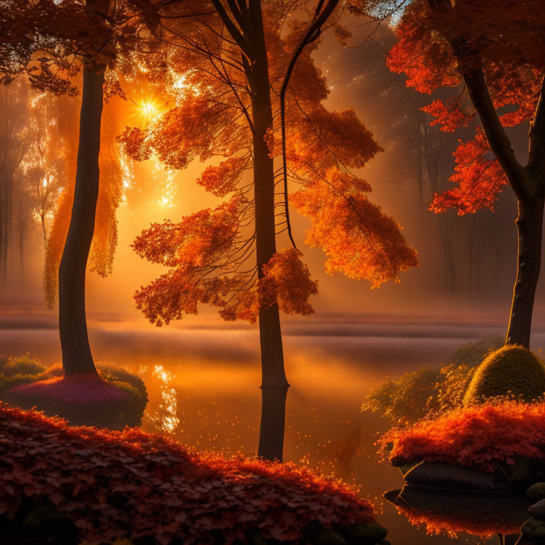 Tranquil Forest Scene: Autumn Sunrise, Mist, Red and Orange Leaves, Reflective Stream