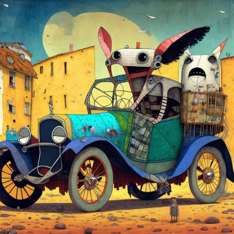 Colorful anthropomorphic vehicle in sunny cityscape