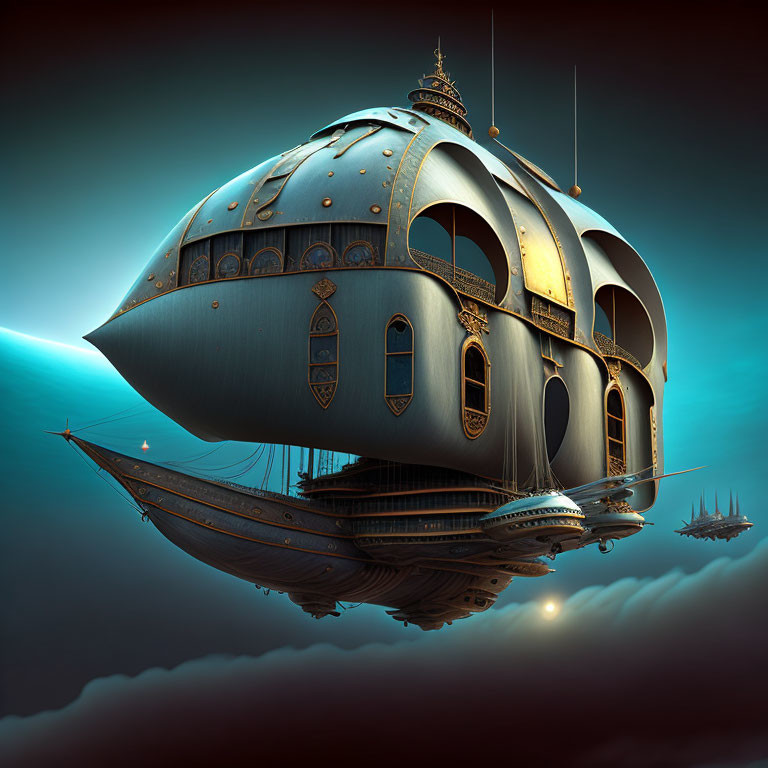 Steampunk airship with ornate metallic detailing in cloudy sky