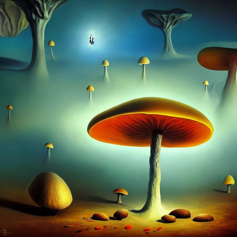 Surreal landscape featuring oversized mushrooms and tiny humanoid figures.