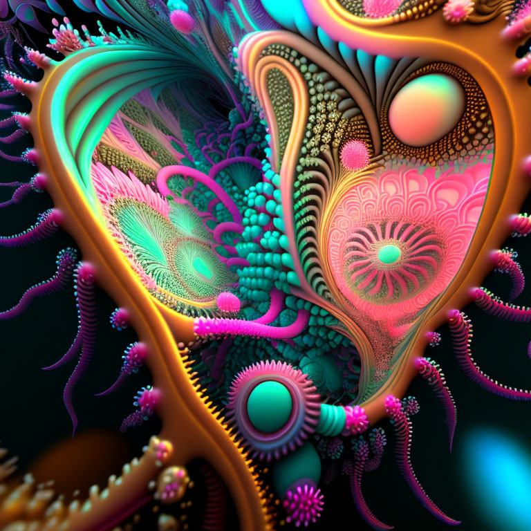 Colorful digital artwork with intricate fractal patterns in pink, green, and turquoise.