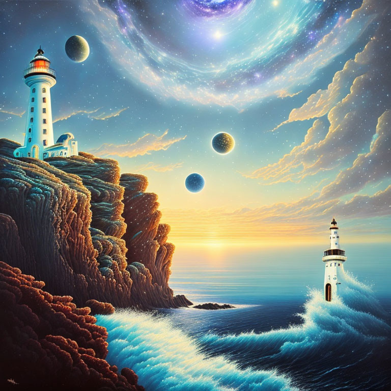 Lighthouse on cliffside in fantastical seascape with multiple moons