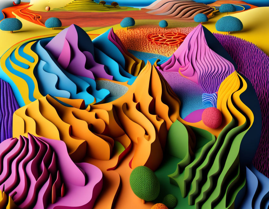 Colorful Psychedelic Landscape with Flowing Hills and Dotted Spheres