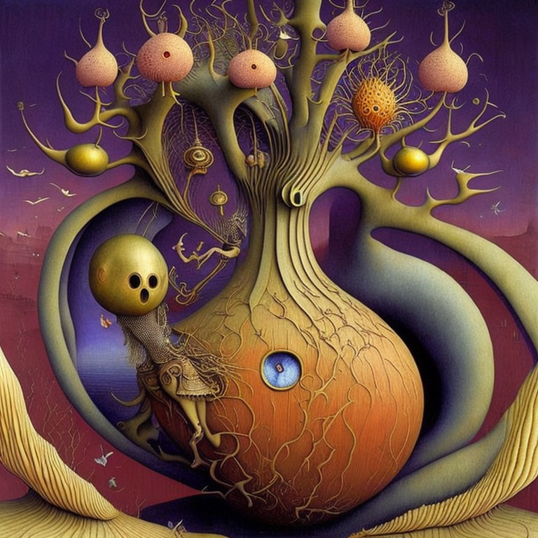 Surreal artwork: bulbous tree with eye, intricate roots, golden orbs, alien-like fruits