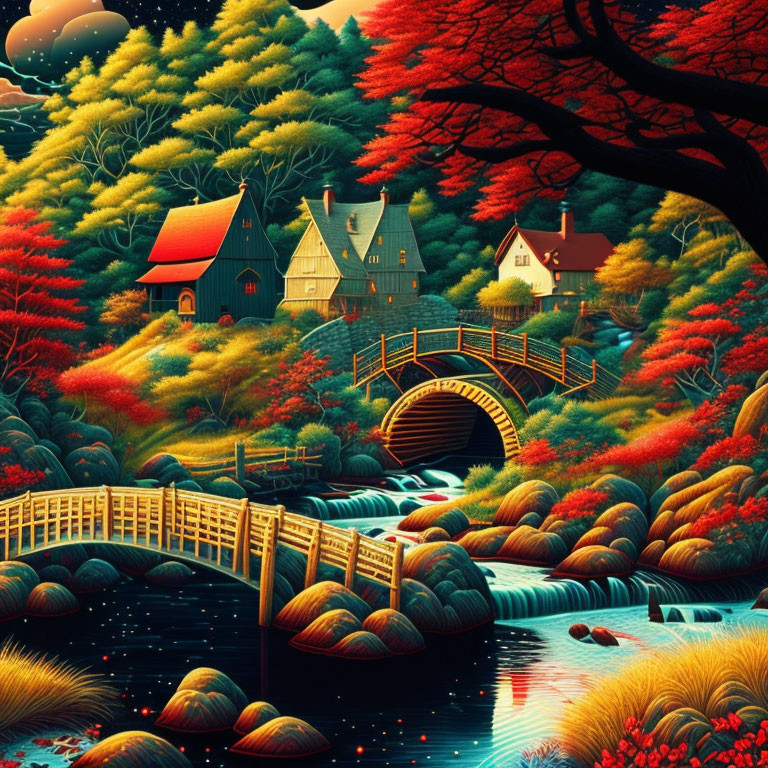 Colorful Illustration of Rustic Village in Autumn Landscape