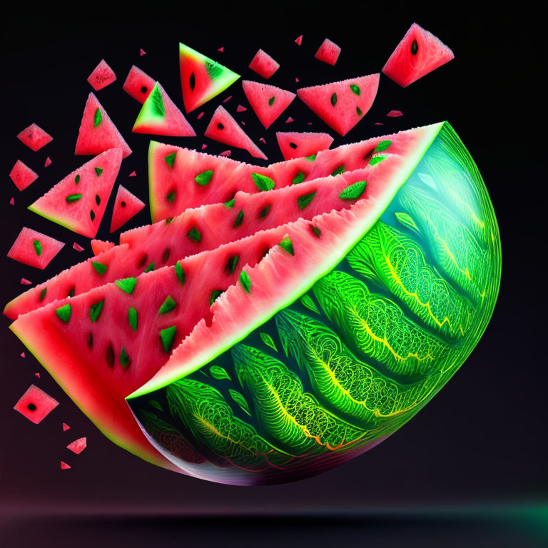 Colorful digital image: Exploding watermelon with suspended slices on dark background