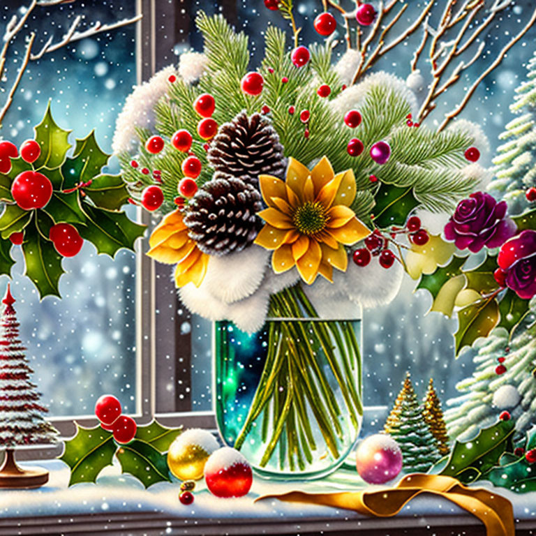 Vibrant bouquet with pine cones and flowers, snowy window scene with Christmas decor.