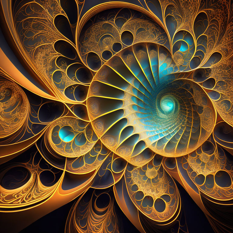 Spiraling Shell Fractal Art in Golden and Blue Hues