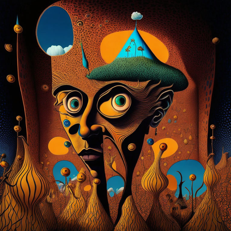 Surrealistic artwork: Face with multiple eyes and caps, flames, whimsical shapes, moon