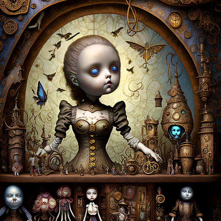 Surrealist digital painting of doll-like figure in whimsical room