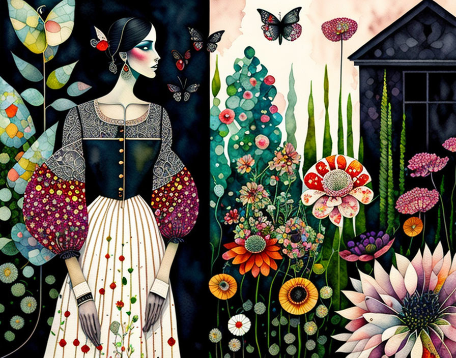 Illustration of woman with wing-like patterns, flowers, butterflies, and dark house