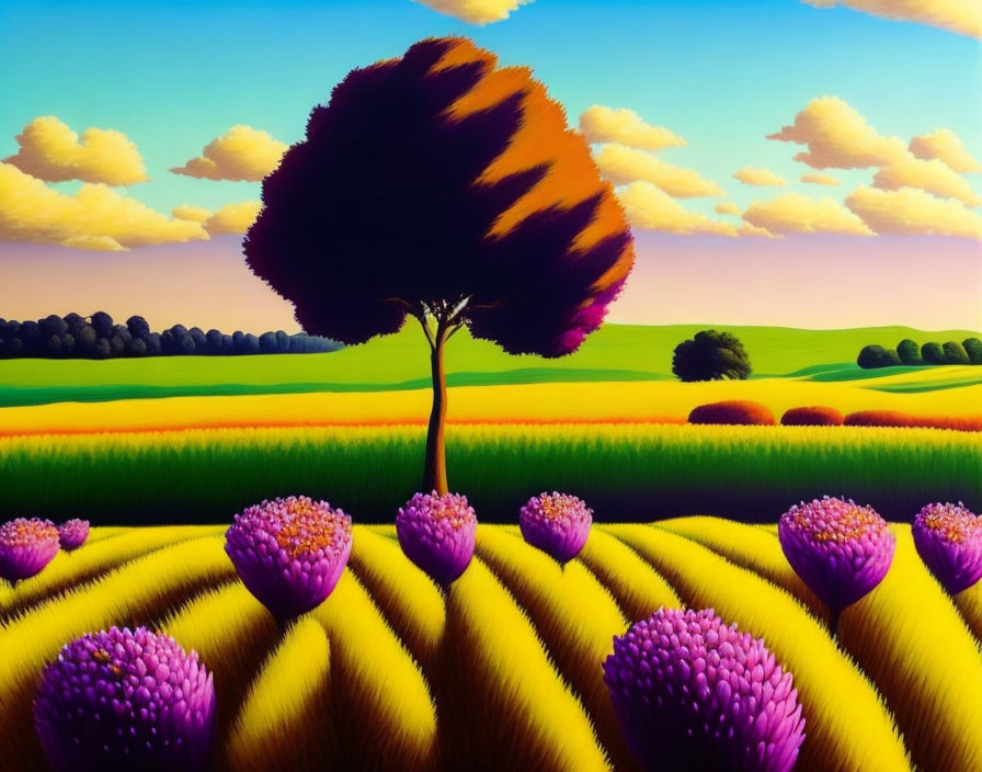 Colorful Landscape with Solitary Tree, Rolling Hills, Purple Flowers, and Fluffy Clouds