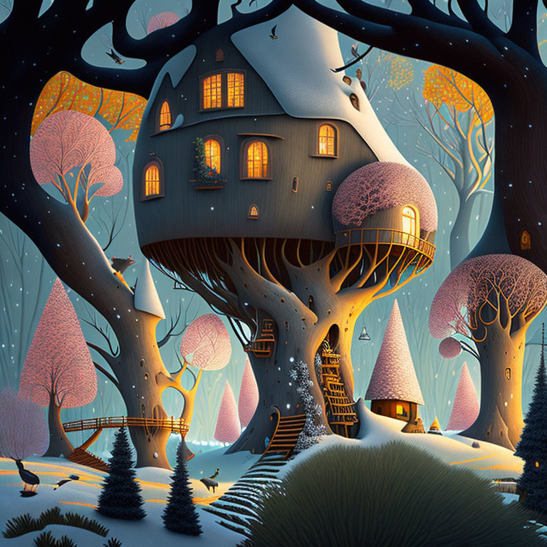 Whimsical treehouse nestled in magical twilight forest