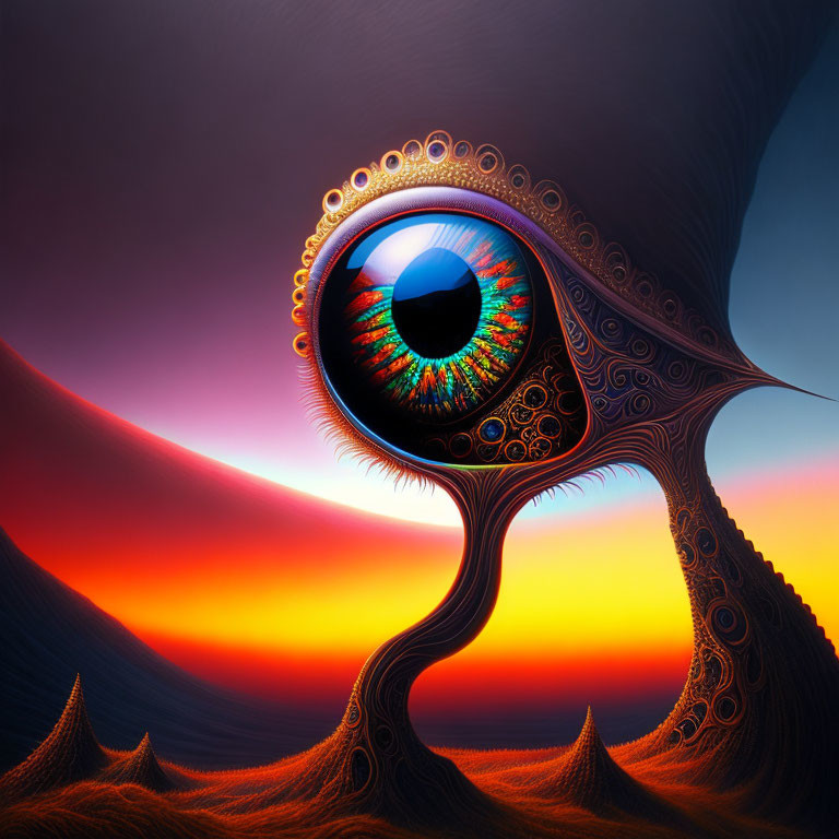 Colorful surreal eye over vibrant landscape with sunrise/sunset