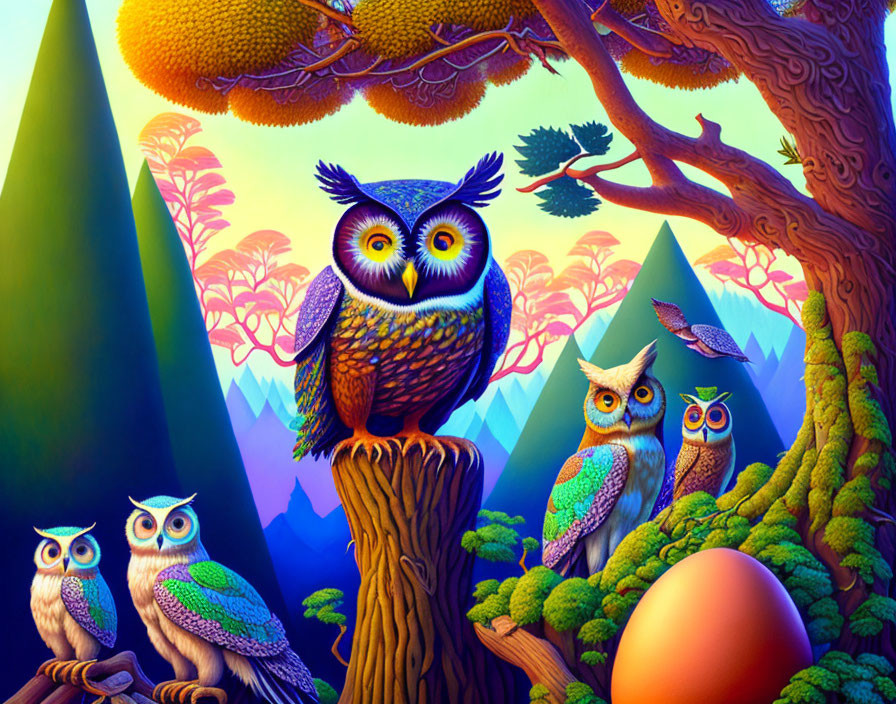 Colorful Owls on Tree Branches in Whimsical Forest with Mountains