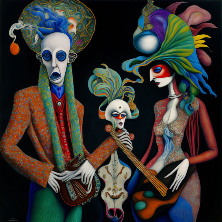 Colorful surreal painting featuring three stylized figures in elongated forms engaged in musical performance.