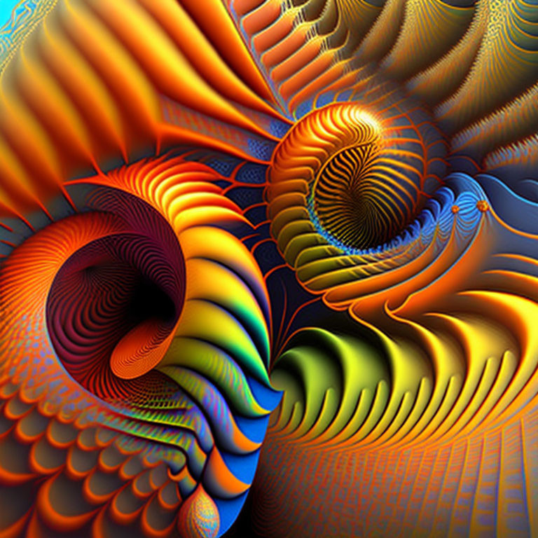 Vibrant swirling patterns in orange, blue, and green hues