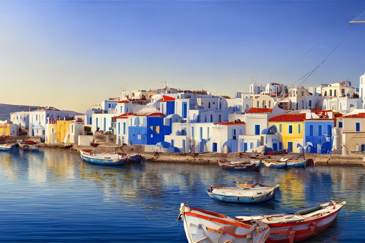 Traditional Greek harbor with white and blue buildings, boats, calm water