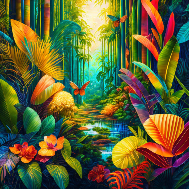 Lush Jungle Scene with Foliage, Pond, Butterflies