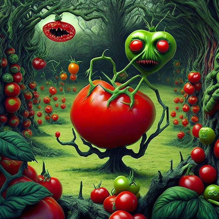 Surreal tomato with menacing eyes in forest of vines