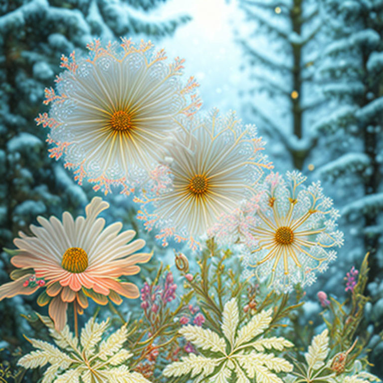 Vibrant digital artwork: stylized flowers on snowy forest backdrop