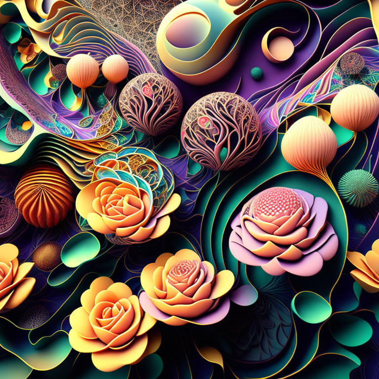 Abstract and Floral Digital Artwork in Rich Purples, Oranges, and Golds