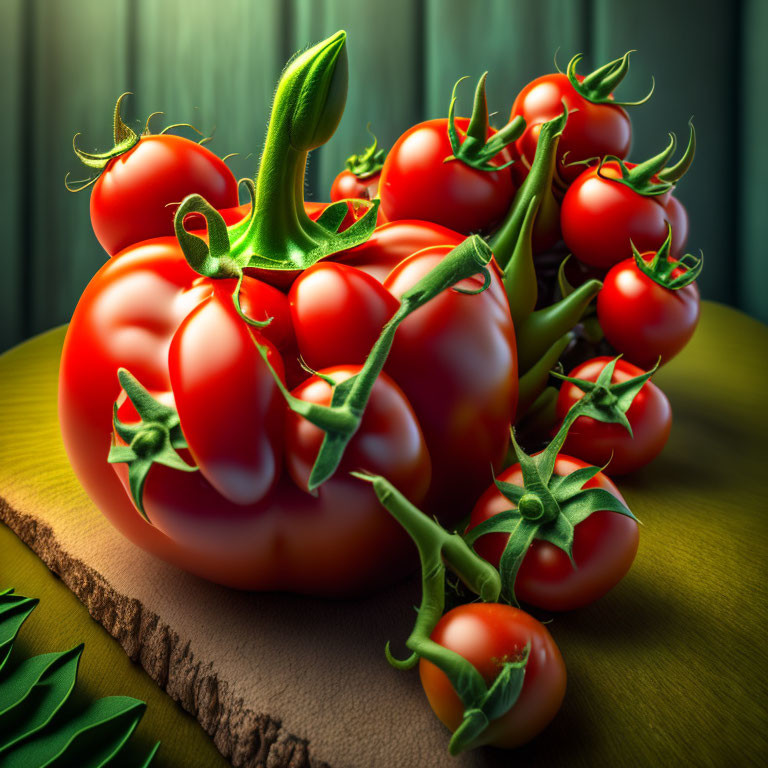 Fresh Ripe Tomatoes on Vine on Wooden Surface