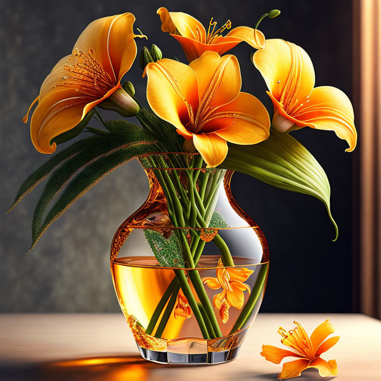 Bright Orange Lilies in Glass Vase on Dark Background