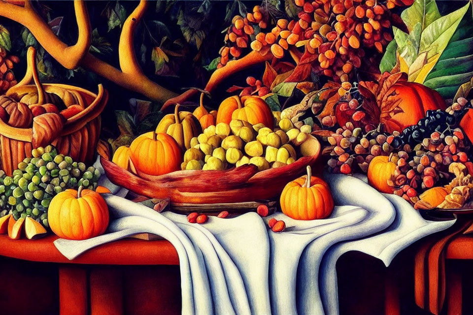 Vibrant autumnal still-life painting with fruits, pumpkins, and leaves.