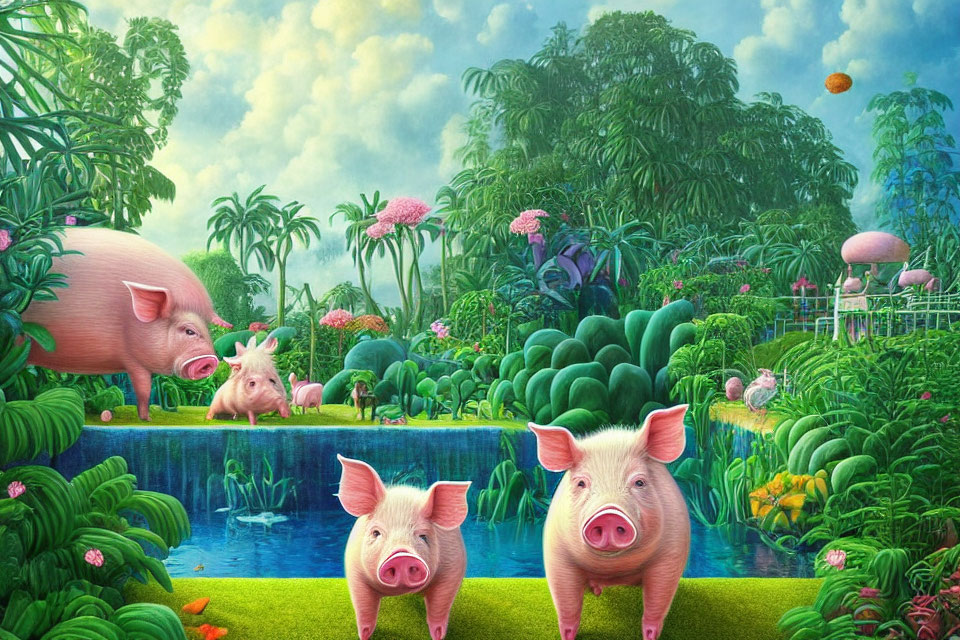 Colorful Garden Scene with Three Pigs, Pond, and Dreamy Sky