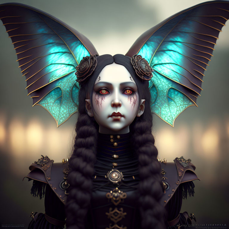 Fantasy Figure with Blue Butterfly Wings and Victorian Attire