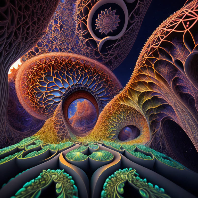 Colorful fractal patterns and abstract shapes in digital artwork.