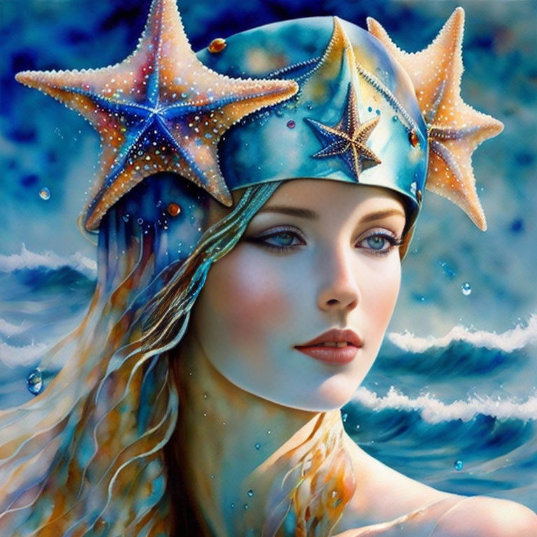 Surreal painting of woman with sea-themed elements