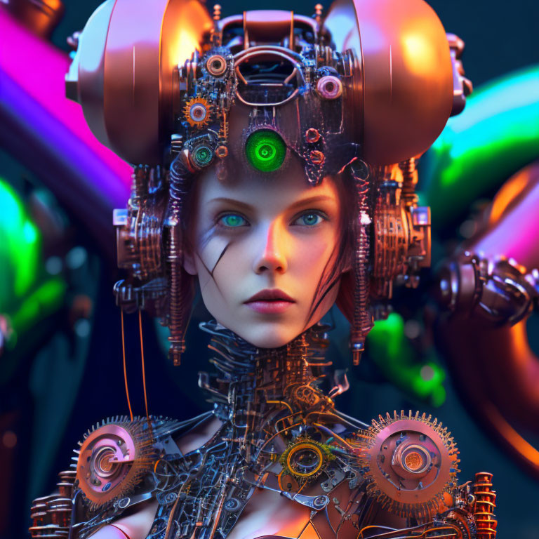 Female robot with intricate mechanical headgear and glowing green eye on colorful backdrop